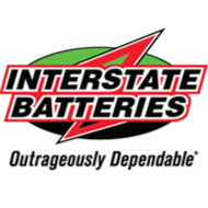 Interstate Batteries logo with red, black, and green lettering and the slogan “Outrageously Dependable”