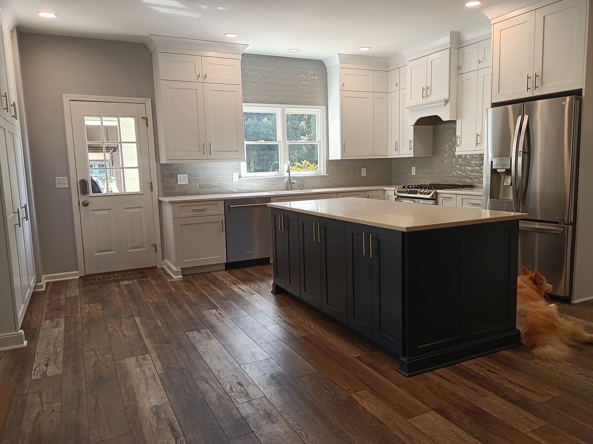 Modern kitchen with white cabinets, blue island, stainless steel appliances, hardwood floors, and a dog.