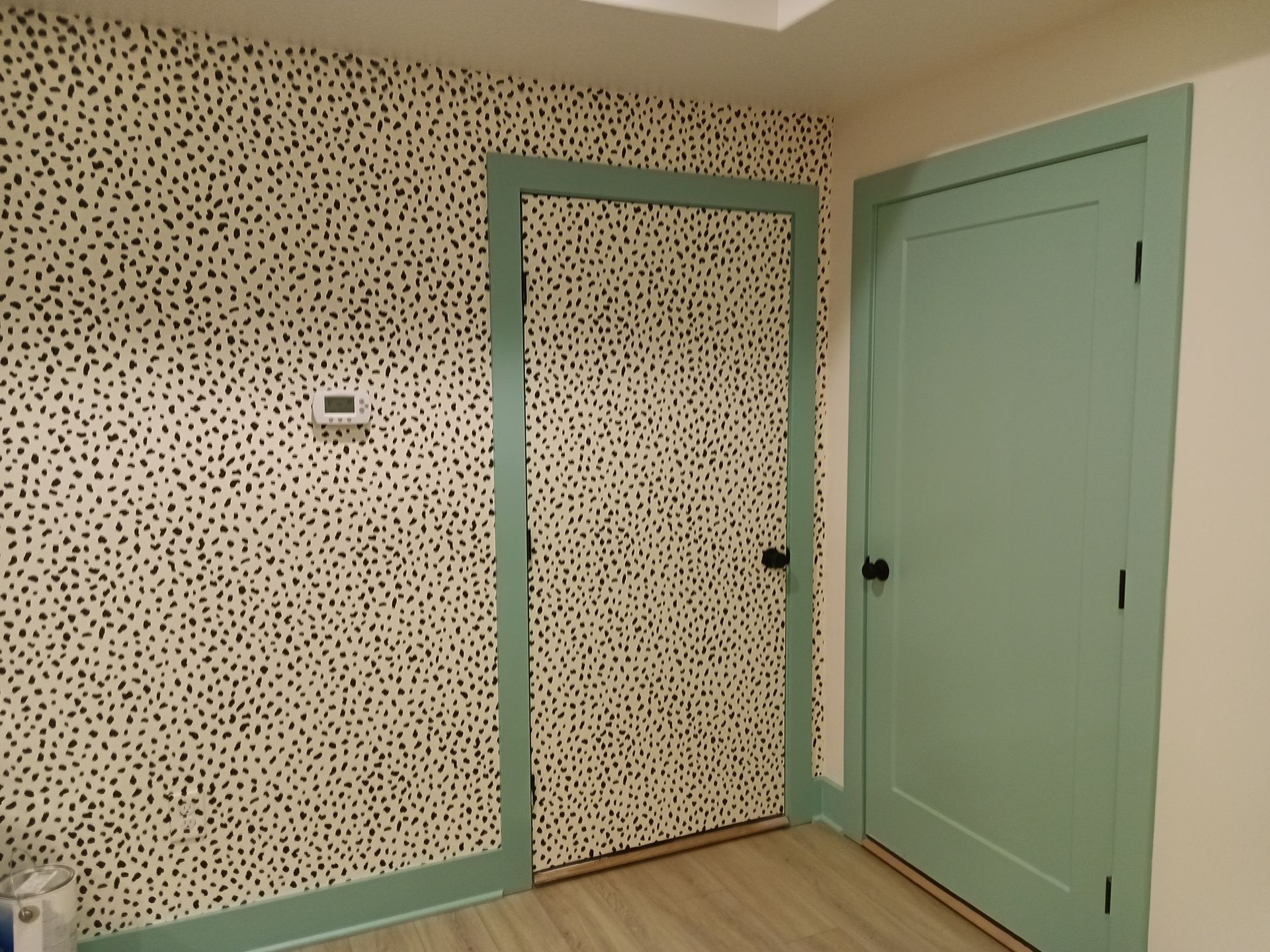 Room with speckled wallpaper and mint green trim around doors. One door is closed, the other ajar.