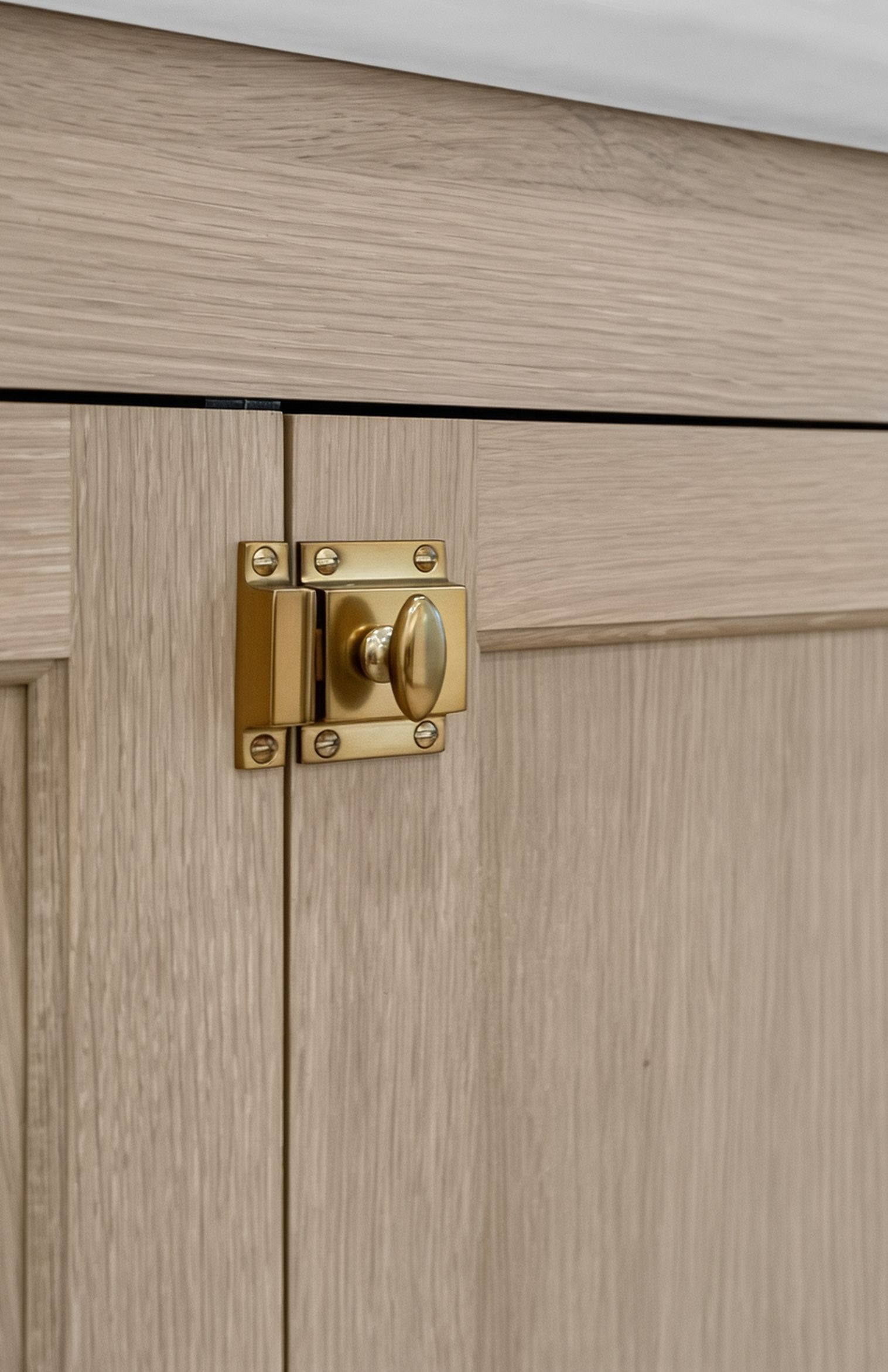 Brass cabinet latch on light wood cabinet door.