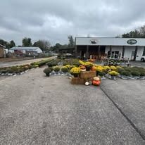 Pumpkin display on a farm stand driveway with yellow mums under a cloudy sky