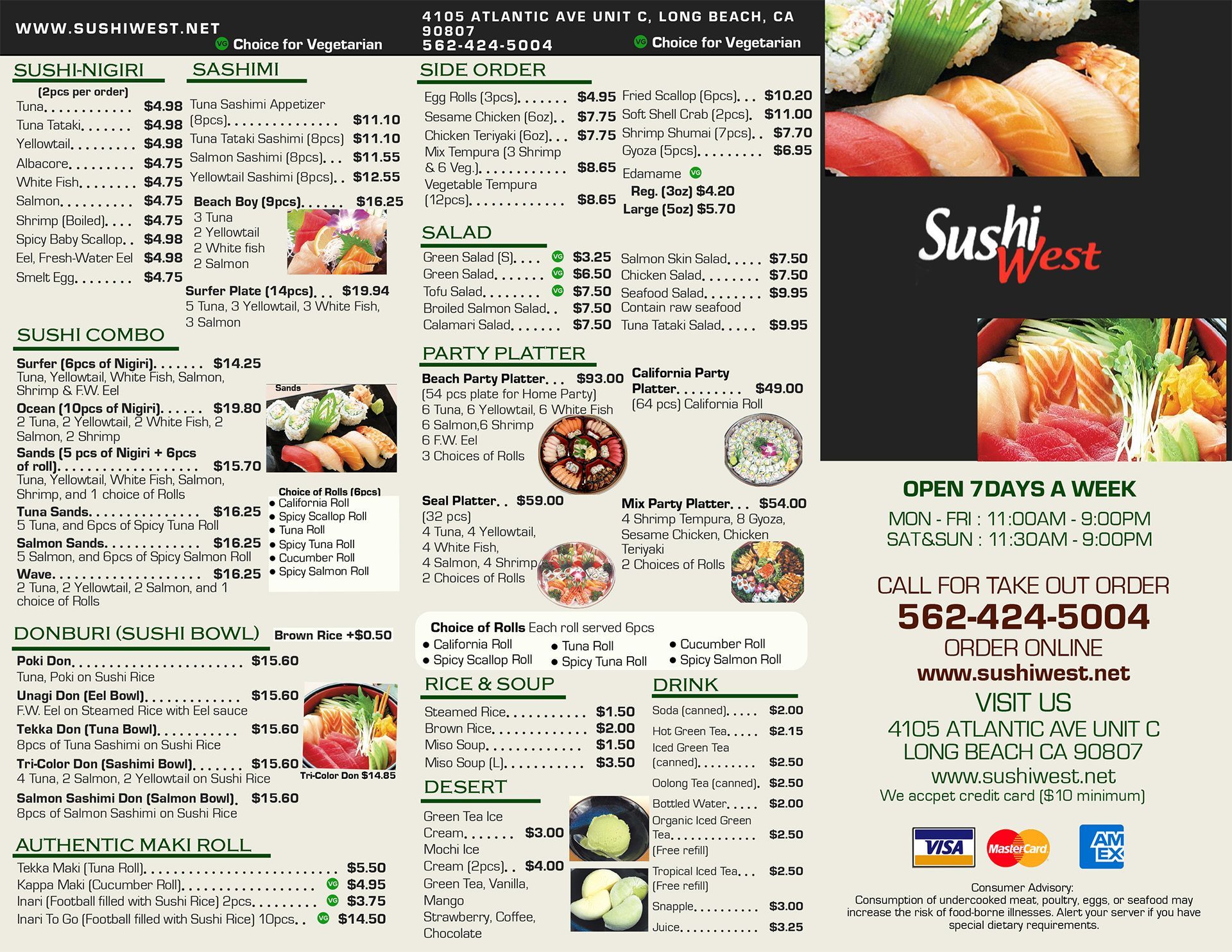 Sushi West Menu Page 1