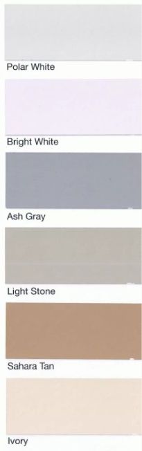 A color palette showing six rectangular swatches labeled Polar White, Bright White, Ash Gray, Light Stone, Sahara Tan, Ivory.