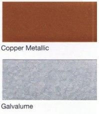 Two material swatches: a solid, textured copper metallic finish above a silvery, patterned galvalume finish.