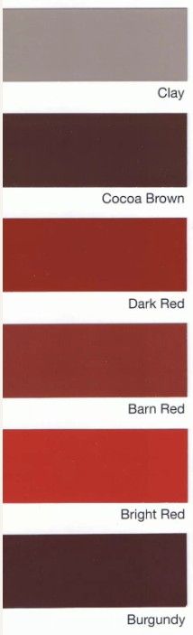 A vertical color palette showing six rectangular samples labeled Clay, Cocoa Brown, Dark Red, Barn Red, Bright Red, Burgundy.