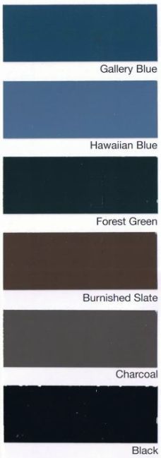A color palette chart showing six vertical rectangular swatches labeled Gallery Blue, Hawaiian Blue, Forest Green, Slate.