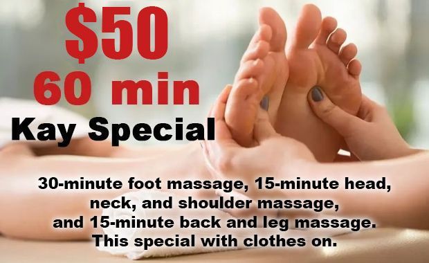 30-minute foot massage, 15-minute head, neck, and shoulder massage, and 15-minute back and leg massage. This special with clothes on.