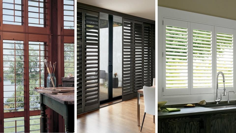 Three interior windows with white and dark shutters, showing light filtering into a modern room