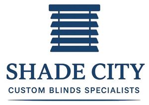 Shade City logo with blue window blind icon and “Custom Blinds Specialists” text