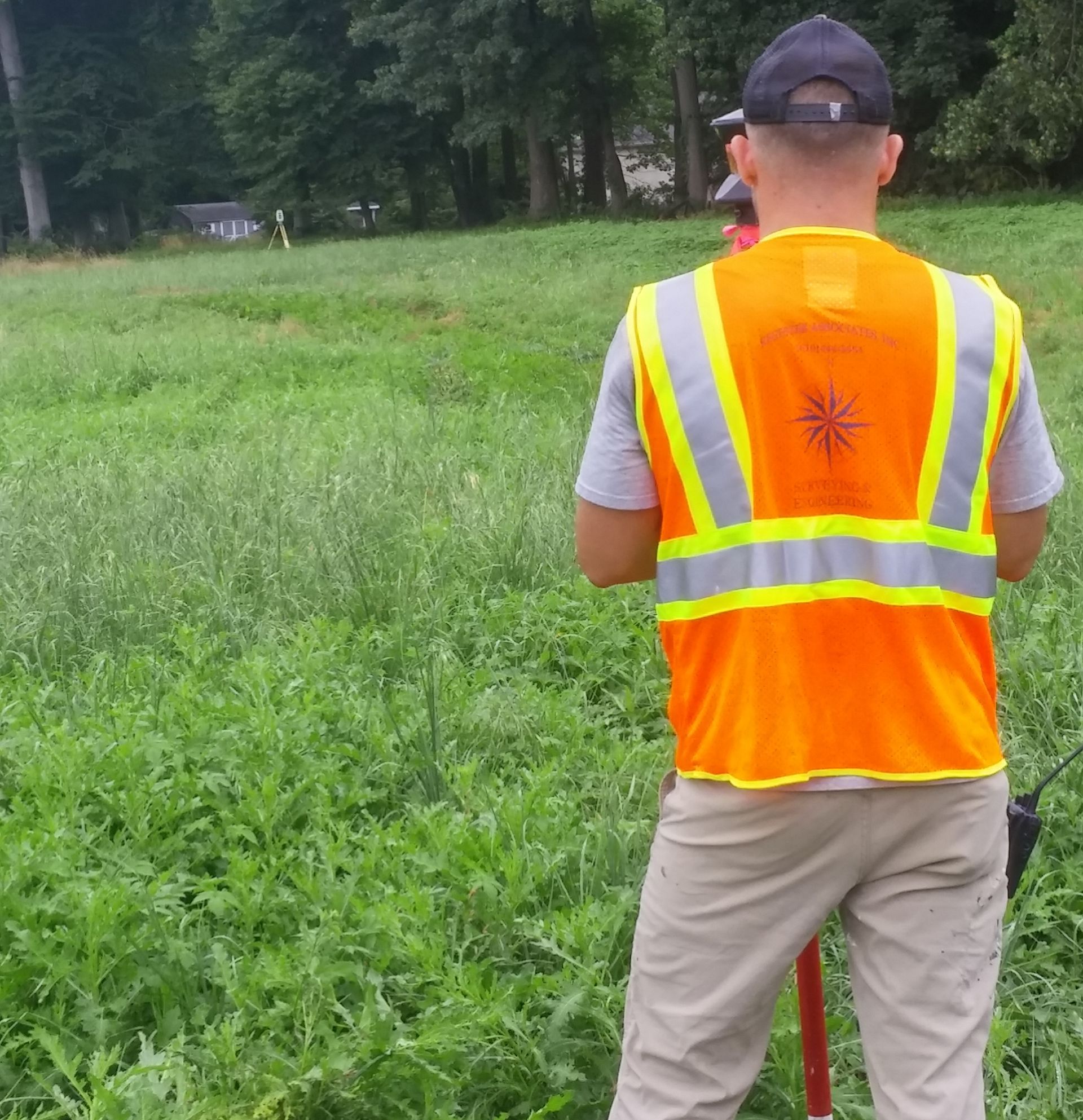 Man in safety vest surveying grassy field, trees in background.