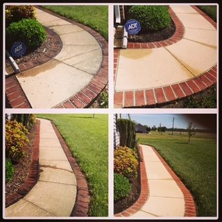 A collage of four pictures of a sidewalk with a sign