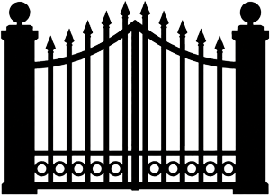 Black wrought iron gate with pointed bars and circular lower details between two posts