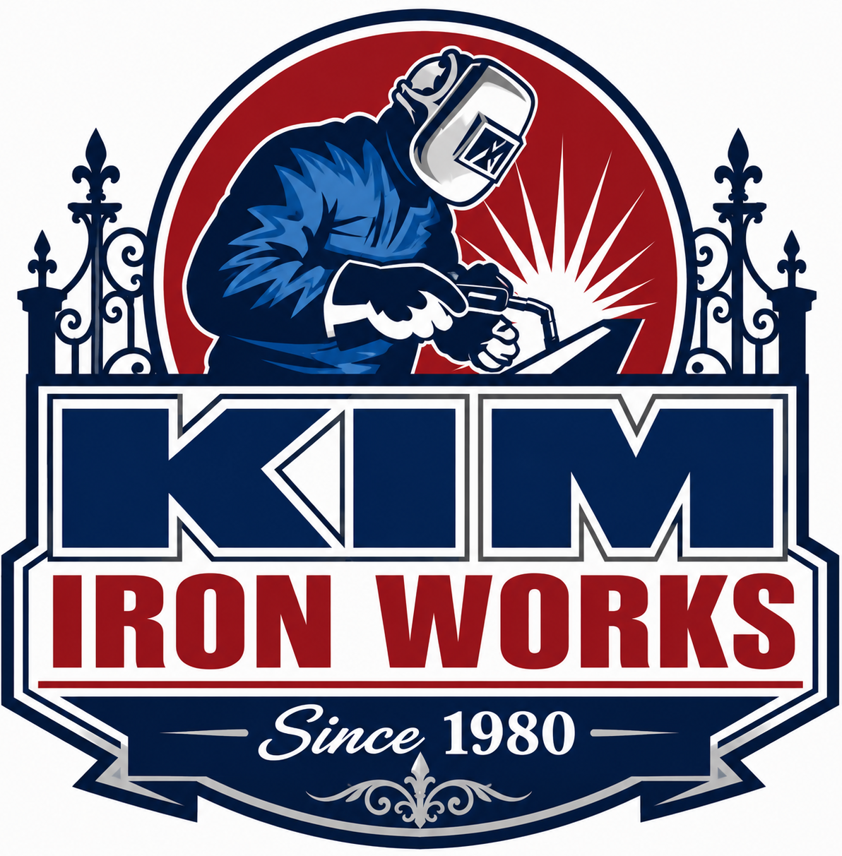 KIM Iron Works logo with welder in blue gear over red, white, and navy emblem, &ldquo;Since 1980&rdquo; tagline