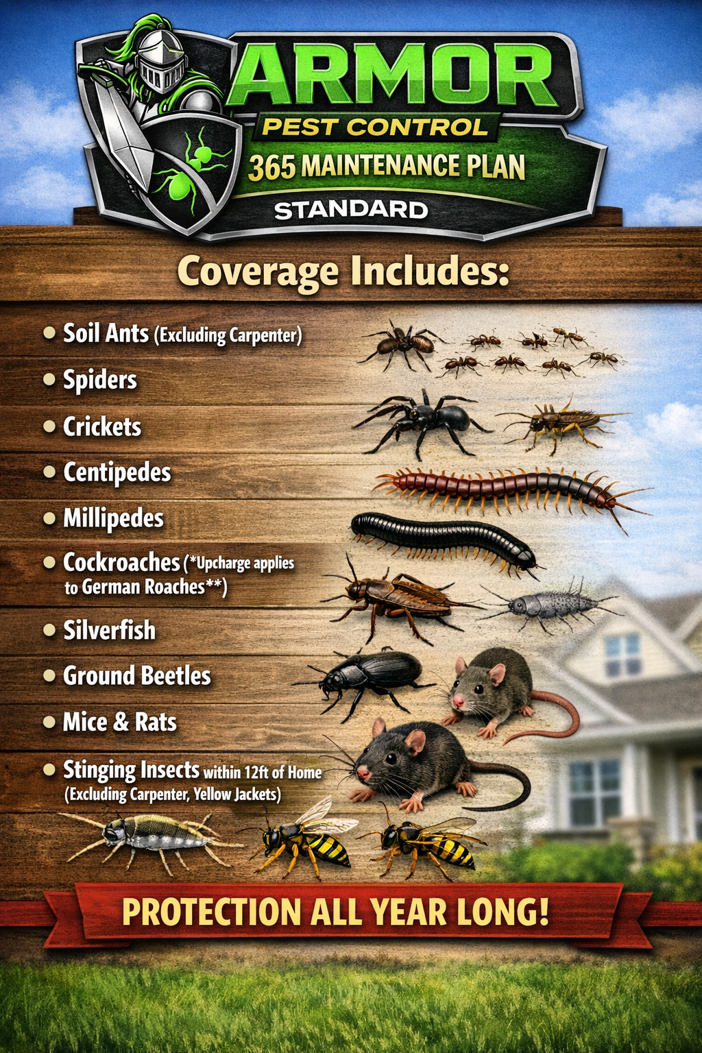 Coverage plans for pest control, targeting insects and rodents.