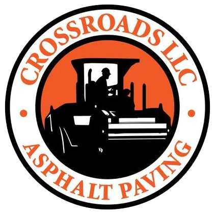 Crossroads LLC asphalt paving logo: a black asphalt roller inside an orange circle, surrounded by text on a white background.