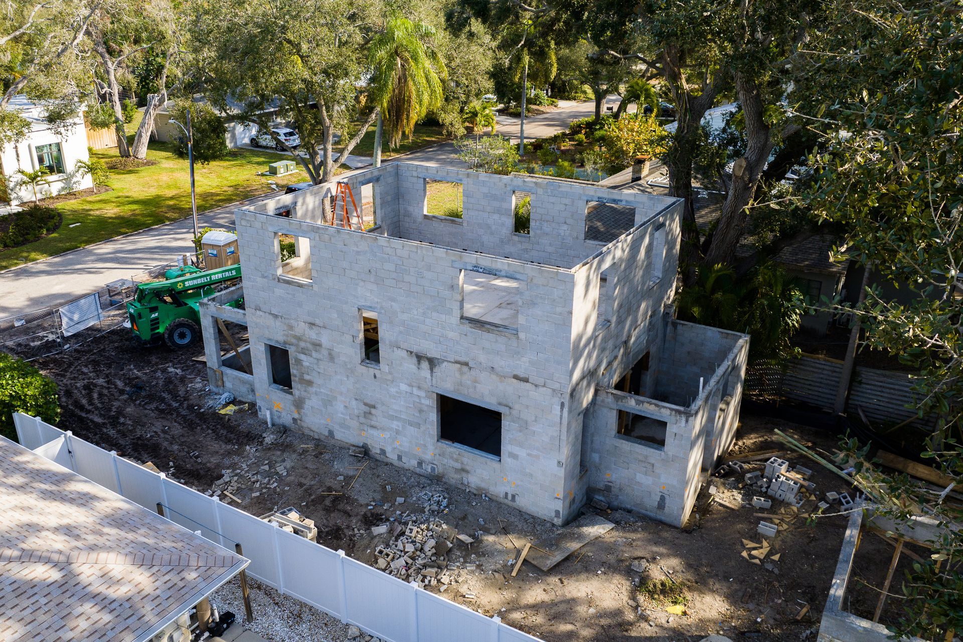 An aerial view of a house that is being built
