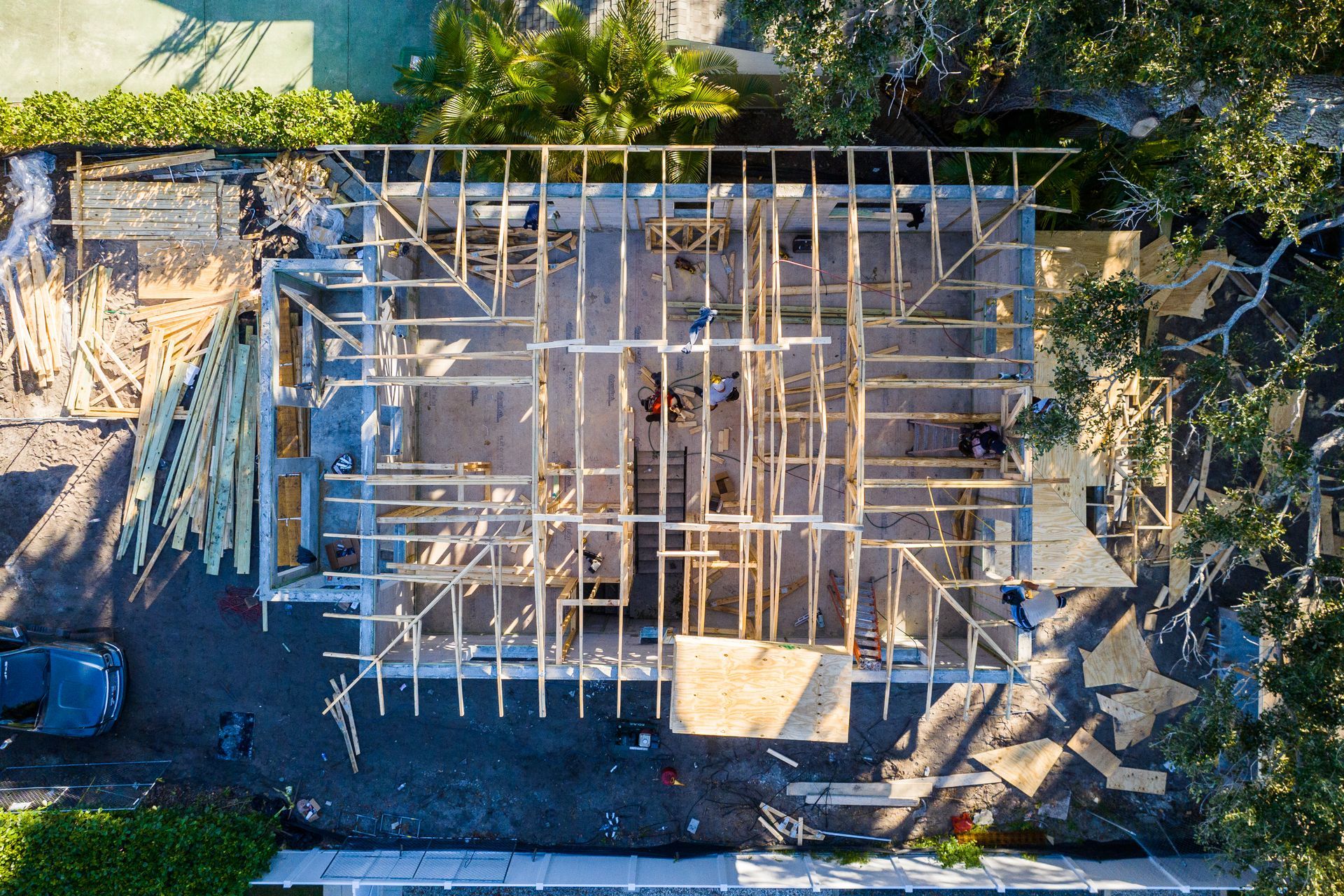 An aerial view of a house under construction.