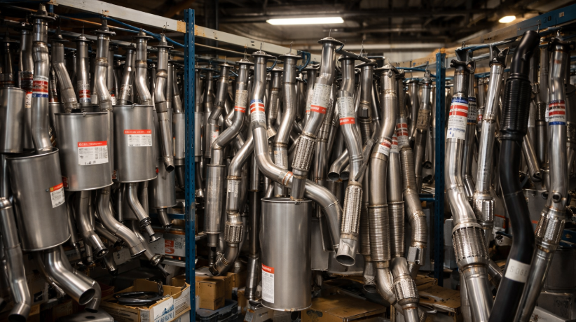 Exhaust pipes hanging on racks in a warehouse. Silver metal, red labels.