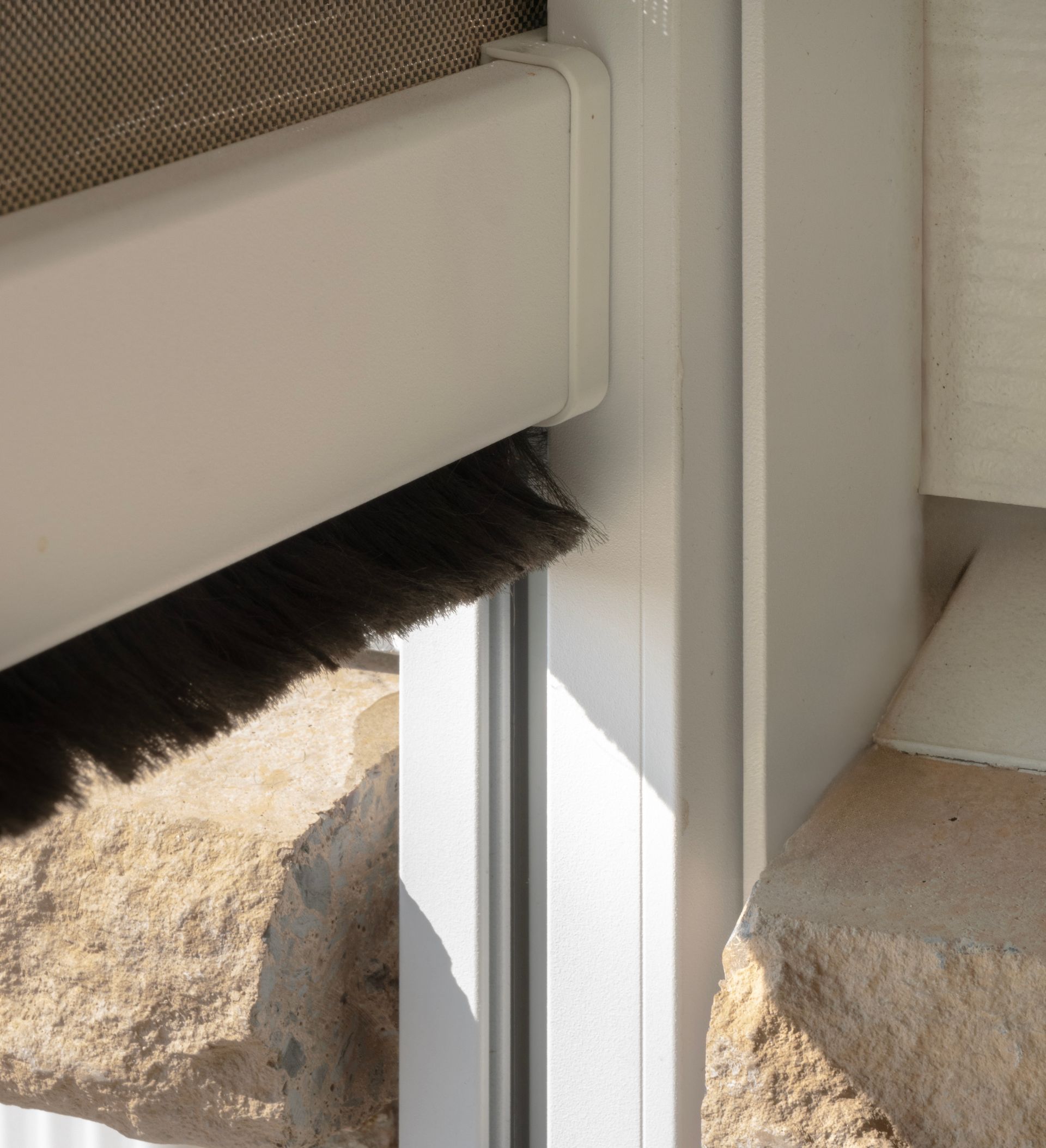 A black cat’s fur peeks through a gap between a white screen door and frame.
