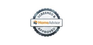 Screeneed HomeAdvisor approved badge logo with blue-gray seal and orange house icon