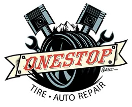 Logo for One Stop Tire & Auto Repair: pistons, tire, wrench, mountain silhouette, and text.