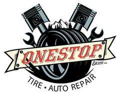 Logo for One Stop Tire & Auto Repair: pistons, tire, wrench, mountain silhouette, and text.
