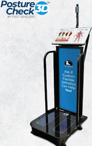 Posture Check 3D kiosk with black handrails, blue screen, and foot platform for posture evaluation