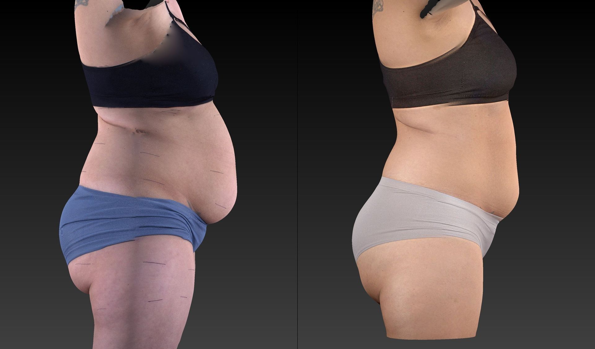 Side-by-side profiles comparing a pregnant belly before and after, in dark and light sportswear.