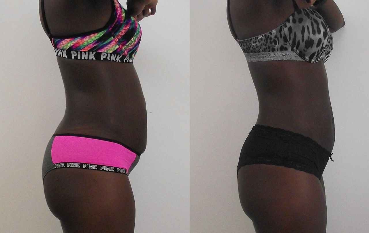 Side-by-side photos of a person in side profile wearing pink-and-black and gray-and-black athletic wear.
