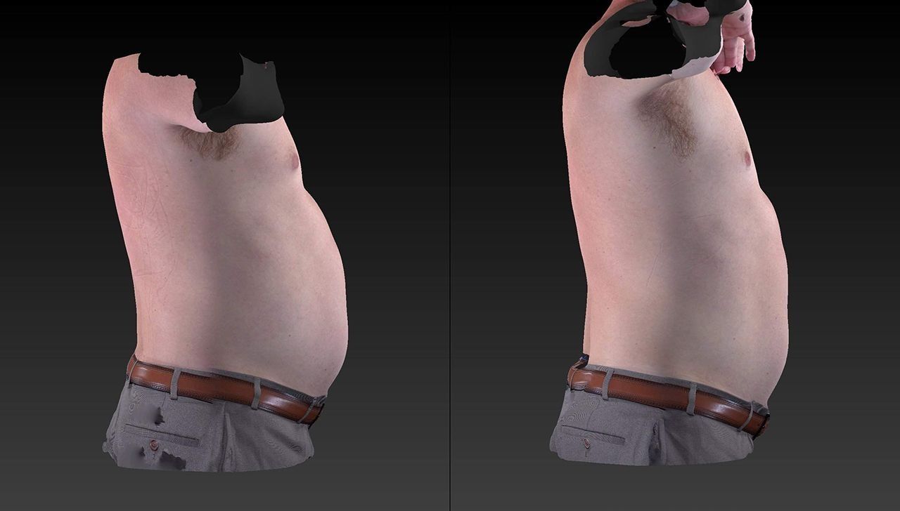 Side-by-side views of a 3D-rendered shirtless torso with a belt and gray pants, shown against a dark background