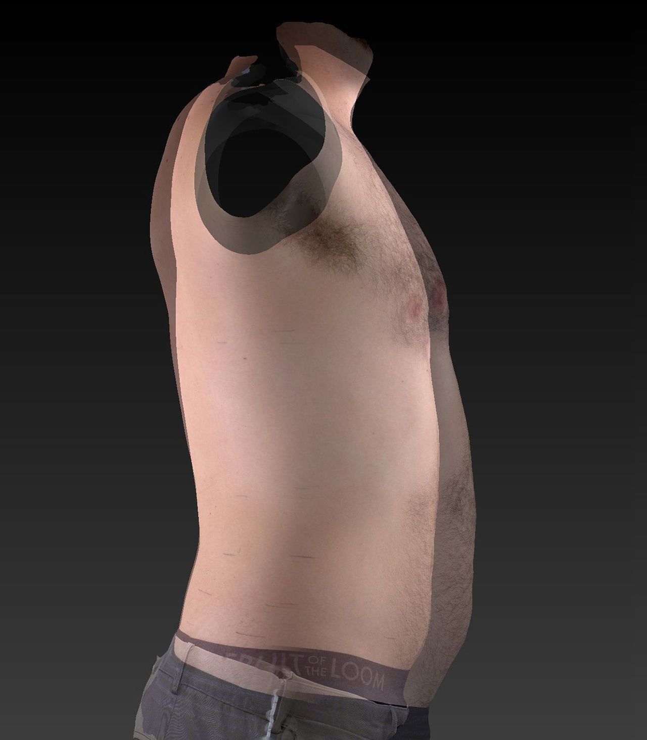 Side view of a person wearing a beige shirt and dark pants, with the upper torso cropped off at the top