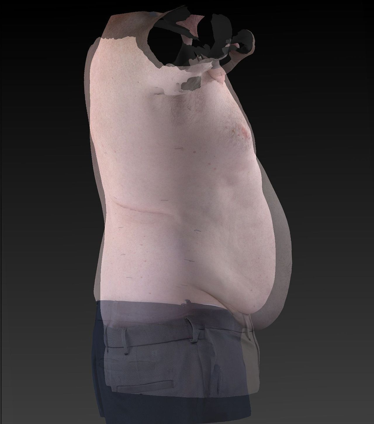 Side view of a faceless 3D human model in dark pants against a black background