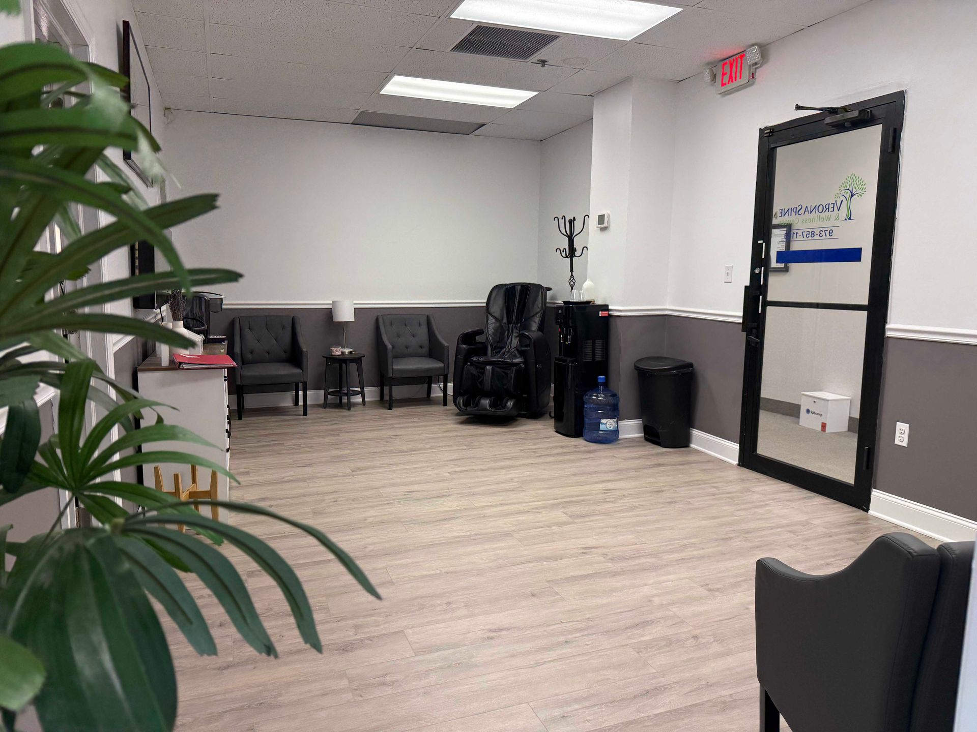 Waiting room with chairs, potted plant, and black wall trim in a bright office hallway