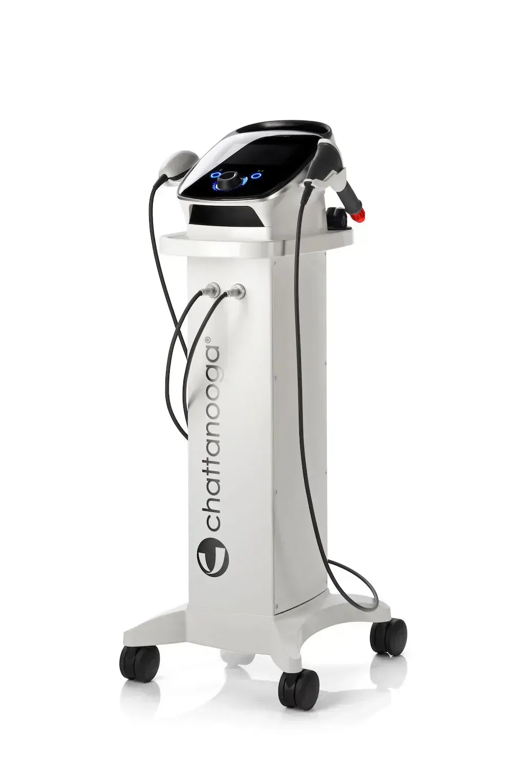 White medical aesthetic machine on wheels with a black touchscreen and attached hoses shockwave unit