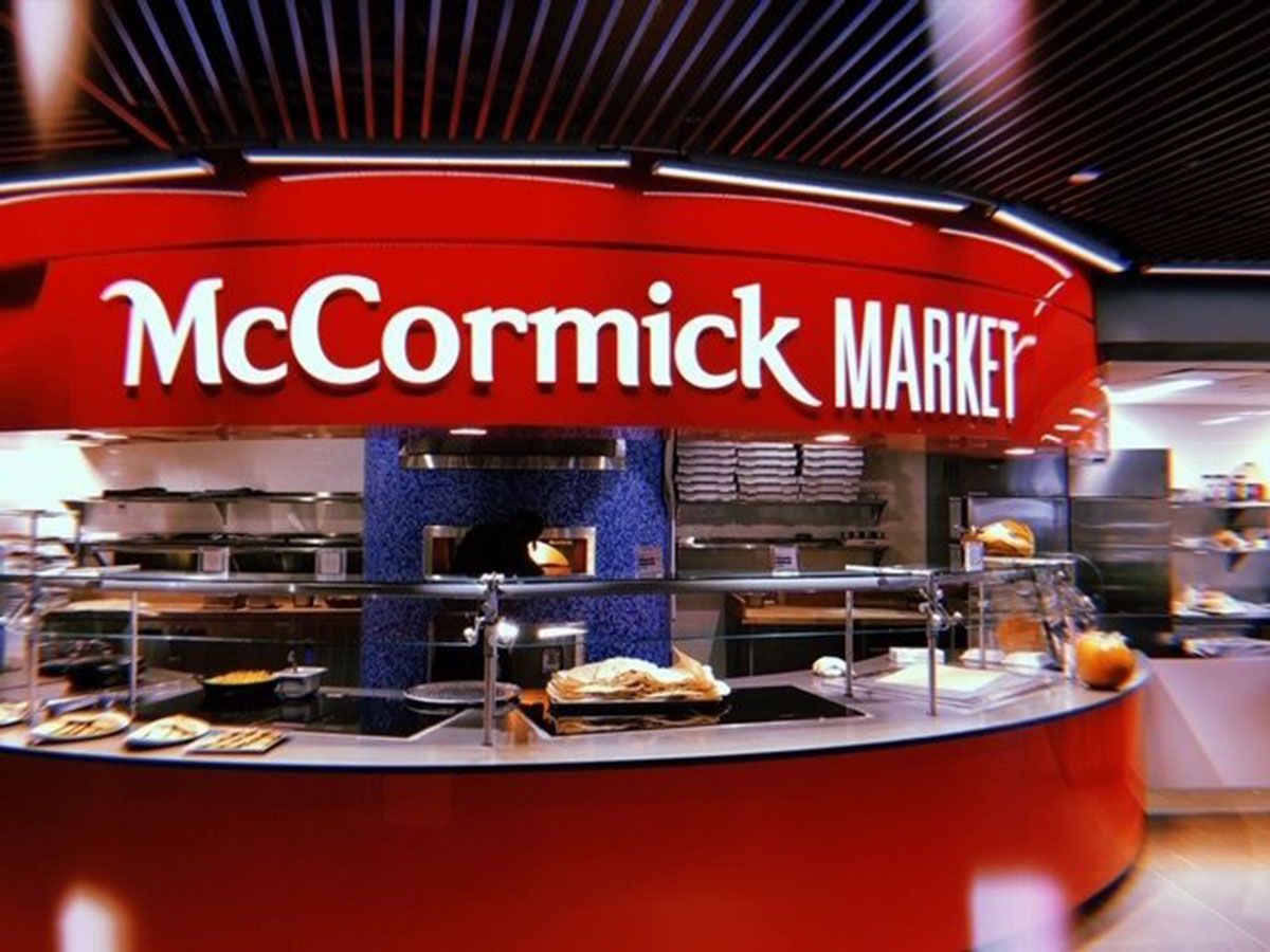 A restaurant with a large counter area