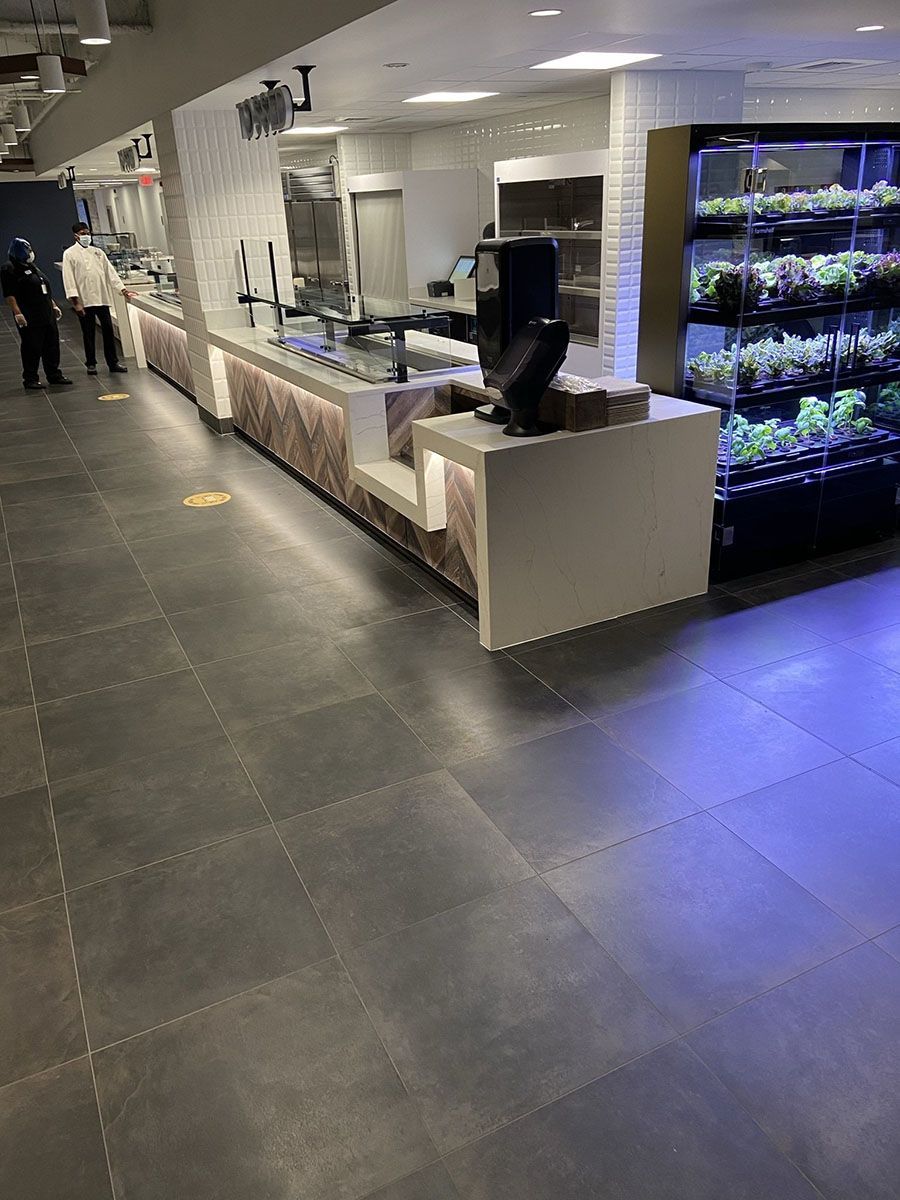 A restaurant with a buffet line