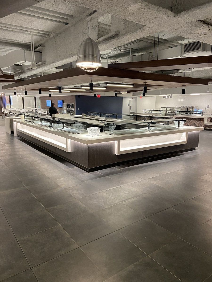 There is a large buffet in the middle of the room