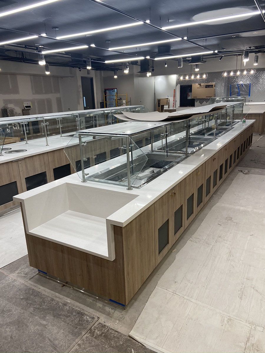 A large room with a lot of counters