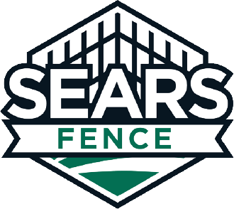 The logo for sears fence is a black and white logo with a green ribbon.