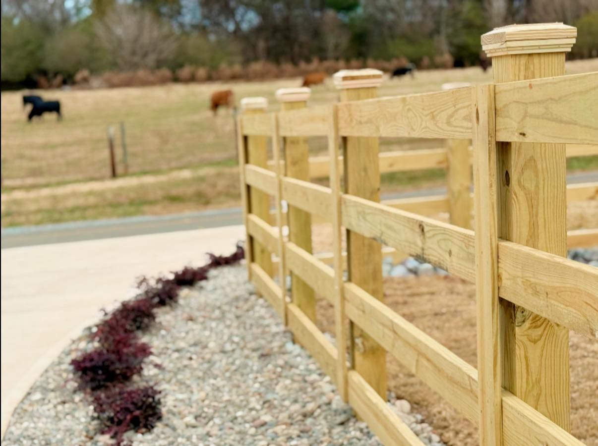 Wooden fence along a gravel bed, with a field and cattle in the background.