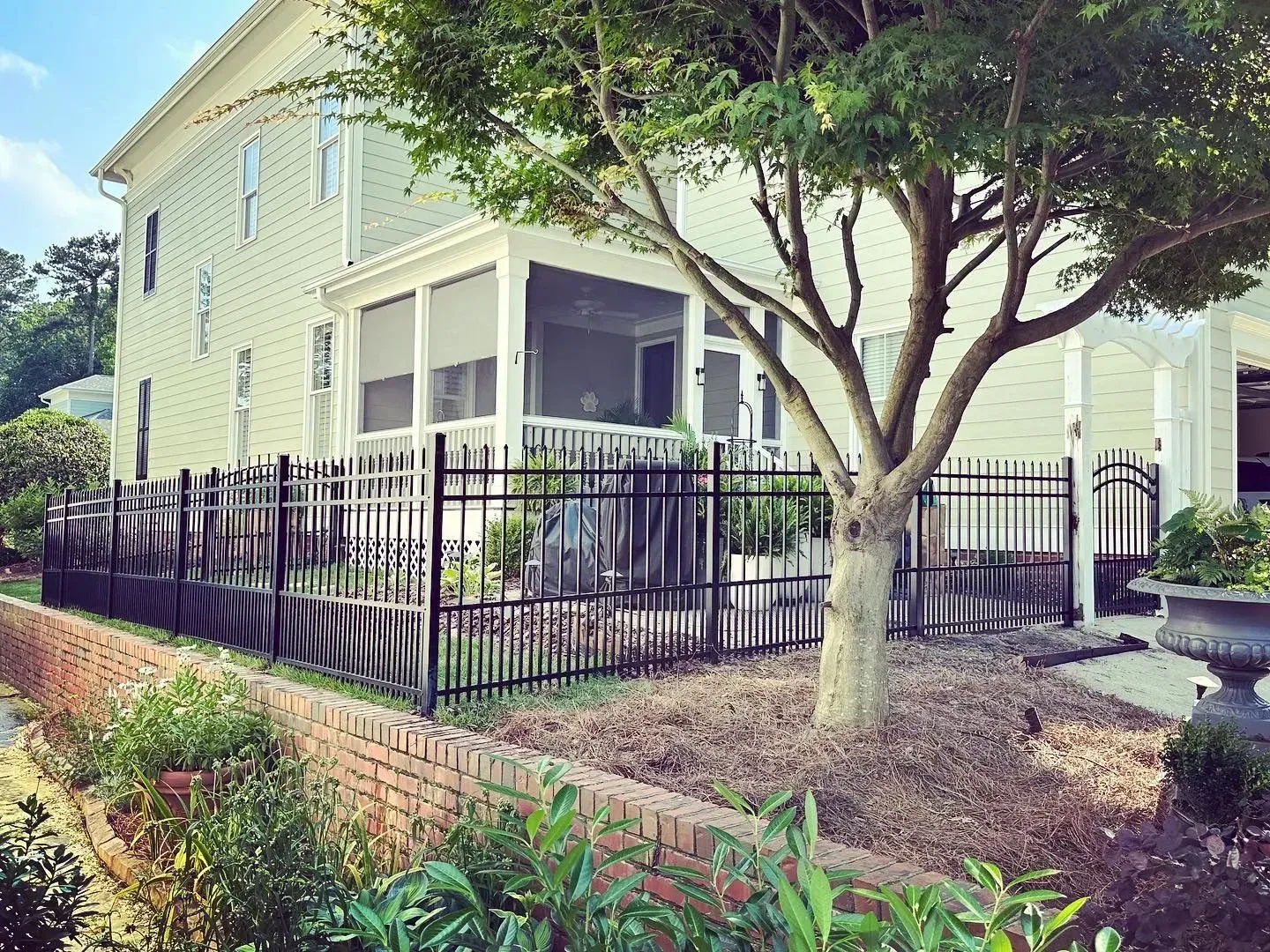 A white house with a black fence and a tree in front of it.