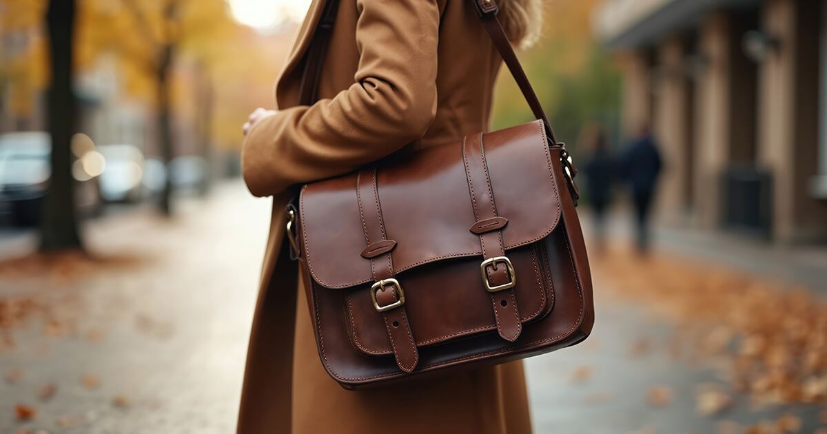 Brown leather satchel over a tan coat on a person standing on a leaf-strewn street