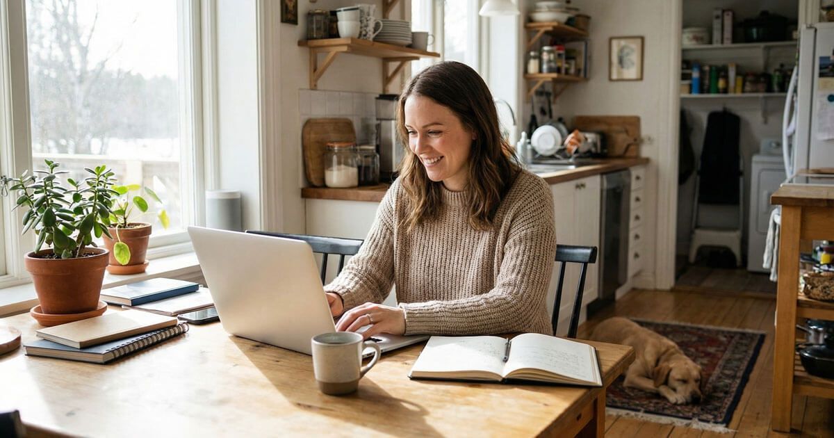 Woman working on a laptop at a wooden table in a bright kitchen, with a cat resting nearby.