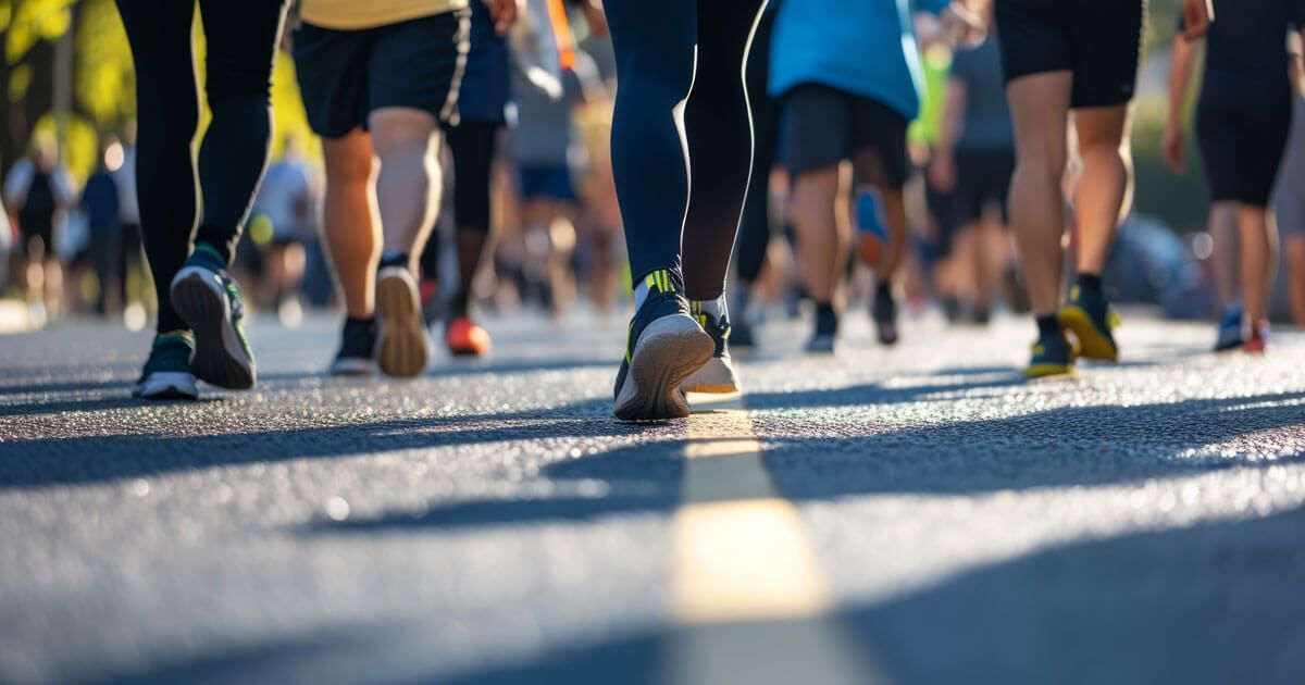 Runners’ legs and shoes moving along a sunlit road during a race