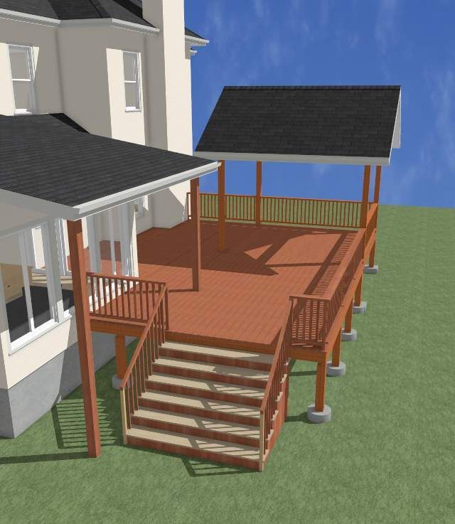 An 3D software model of a house with a large deck and stairs