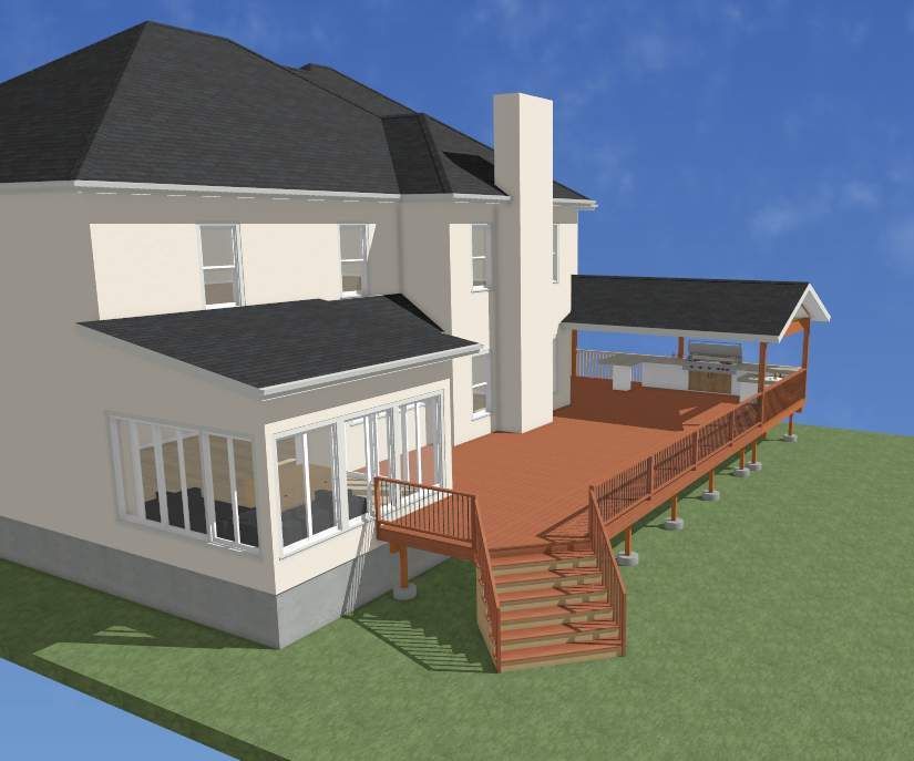 A 3D software model of a house with a large deck