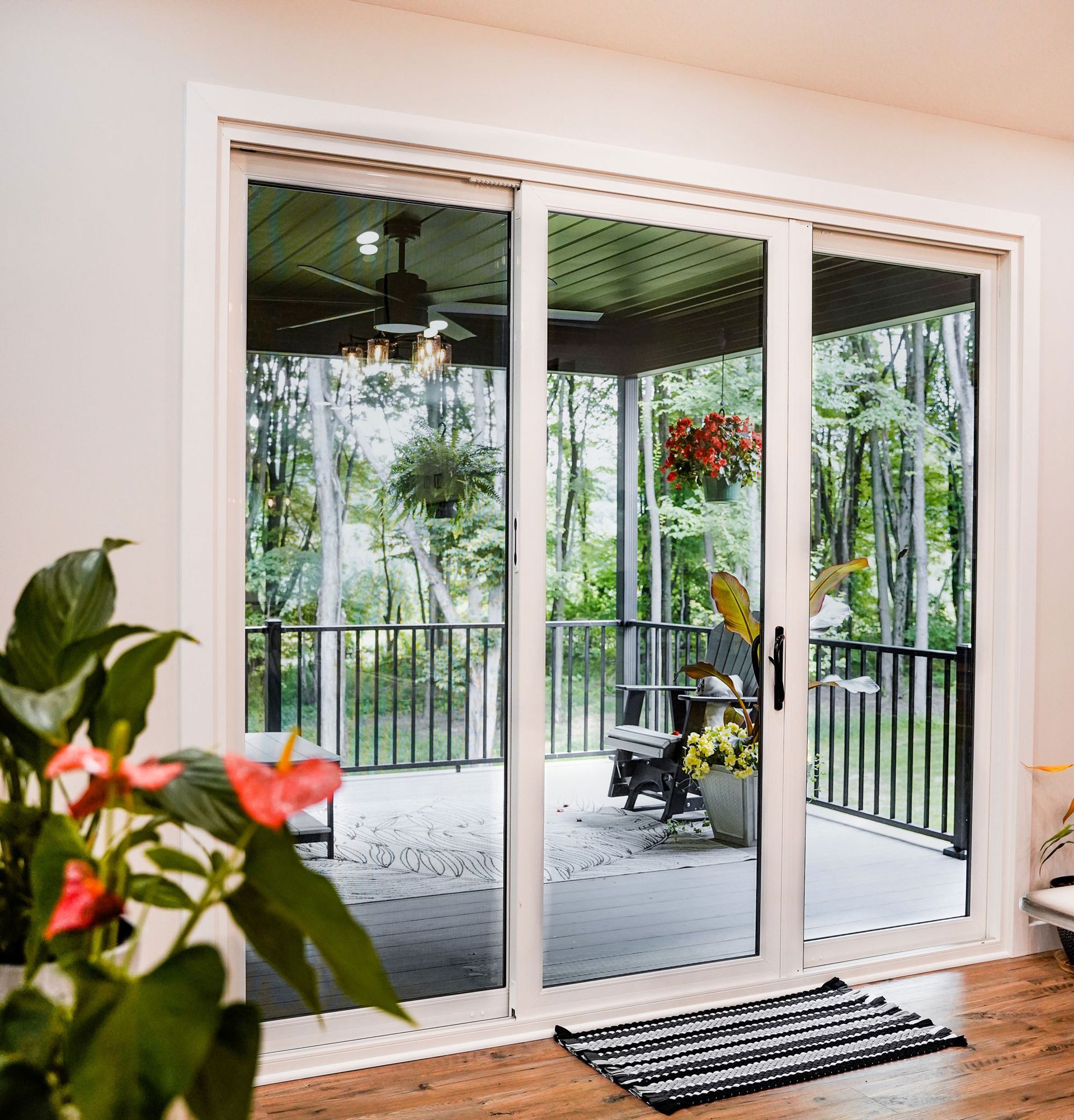 Sliding glass doors open onto a porch with trees. Houseplant in front, black and white rug on the floor.