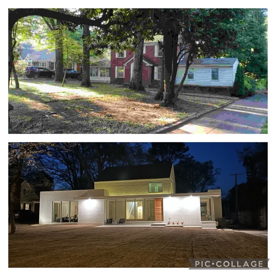 Before-and-after photo of a house: dilapidated historic style transforms into a modern, minimalist home.