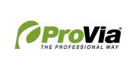 Logo for ProVia. The brand name is in green and black, with a stylized green leaf-like design. Text: