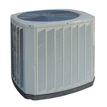 Outdoor air conditioner unit with gray vented panels and a circular fan on top